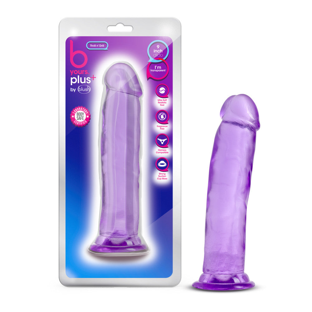 B Yours Plus By Blush® | Thrill N’ Drill Realistic Purple 9-Inch Long Dildo  With Suction Cup Base