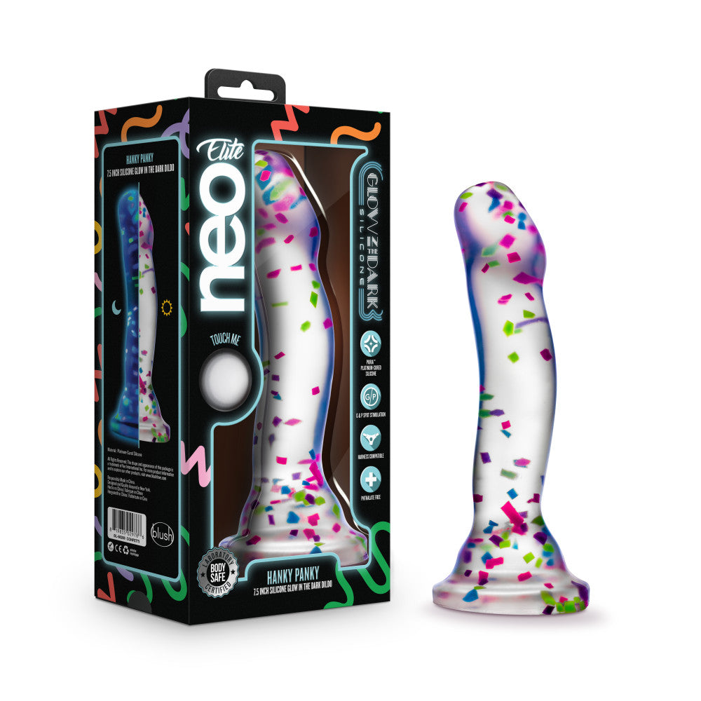 Blush Neo Elite Hanky-Panky 7.5 Inch Purio Silicone Glow In The Dark Dildo - Clear Dildo With Fun Confetti BlushVibe.com Blush Neo Elite Hanky-Panky 7.5 Inch Purio Silicone Glow In The Dark Dildo - Clear Dildo With Fun Confetti BlushVibe.com