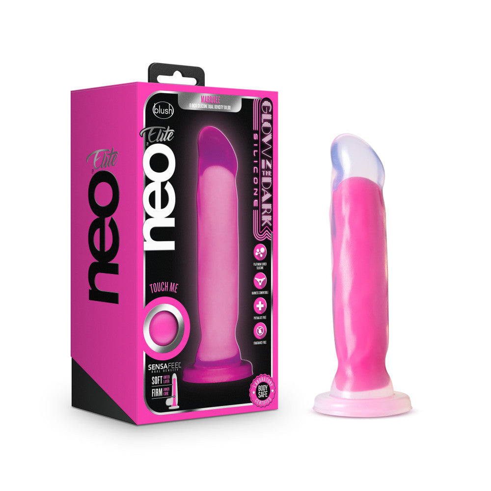 Neo Elite™ |  Marquee Glow In The Dark Neon Pink: 8-Inch Long Dildo |  Blush – BlushVibe.com