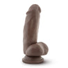 Chocolate skin tone ultra realistic dildo with a realistic head, subtle veins along the straight but flexible shaft and small realistic balls. Suction cup base. Additional images show alternate angles.