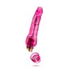 Translucent pink vibrating dildo has a realistic shape, with a defined but tapered head and veins along the shaft. Twist dial on bottom to adjust intensity. Additional images show alternate angles.