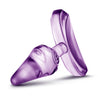 Translucent purple butt plug with a tapered tip, slim neck, and flared base. Additional images show alternate angles.