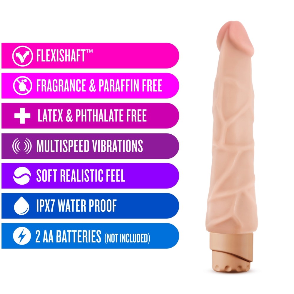 Vanilla skin tone vibrating dildo has an ultra realistic shape, with a defined but tapered head and veins along the shaft. Twist dial on bottom to adjust intensity. Additional images show alternate angles.