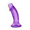 Translucent purple petite realistic dildo with rounded head that has a pronounced lip, an upwardly curved shaft with subtle veins, and a suction cup base. Additional images show alternate angles.
