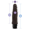 This chocolate skin tone vibrating dildo has an ultra realistic shape that offers significant girth, with a subtly defined head and veins along the shaft. Twist dial on bottom to adjust intensity. Additional images show alternate angles.