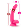 Hot pink dildo with realistic features. Featuring a realistic head with a pronounced lip, slim, smooth downwardly curved shaft with a slight ribbed texture on the top side just below the head. Smooth balls. Suction cup base. Additional images show alternate angles.