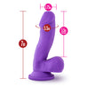 Purple realistic dildo featuring a realistic head with a pronounced lip, veins along the upwardly curved shaft, and realistic round balls. Suction cup base. Additional images show alternate angles.