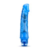 Translucent blue vibrating dildo. Pronounced curved head and subtle veins along the shaft. Twist dial on bottom to adjust intensity. Additional images show alternate angles.