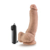 Vibrating realistic cock with suction cup. Vanilla skin tone with pronounced head, veins along the slightly downwardly curved shaft, and plush balls. Wired remote with twist dial to adjust intensity. Additional images show alternate angles.
