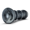 An extra large black anal plug with a carbon metallic sheen. This plug features three ridges that flare out and back in significantly for an extreme sensation. Featuring a flared circular base for safety. Additional images show alternate angles.