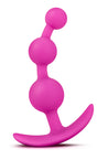 Pink beaded flexible silicone butt plug with three progressively sized beads, starting with a small bead at the top, a medium bead in the middle, and a larger bead at the bottom. Features slim silicone necks between each bead and a slim flared base for safety and comfort. Additional images show alternate angles.