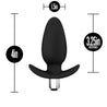 A rounded and bulbous black butt plug with a slim neck and a thin flared base for safety and comfort. Features an opening at the base that fits the included small silver vibrating bullet. A single button on the bottom of the vibrator controls intensity. Additional images show alternate angles.