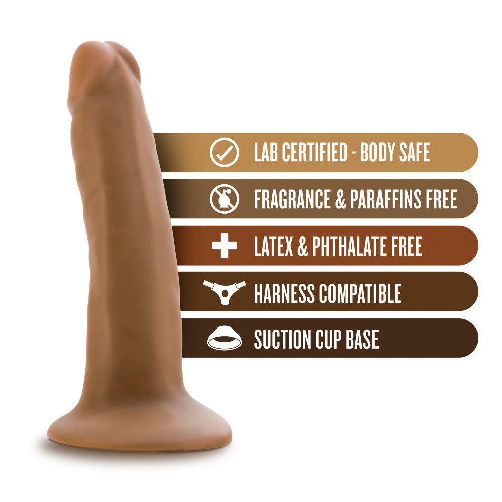 Mocha skin tone slim realistic dildo. Featuring a small head, subtle veins along the shaft, and a suction cup base. Additional images show alternate angles.