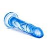 Translucent blue dildo with a slim tapered realistic head for easy insertion and subtle veins along the straight but flexible shaft. Suction cup base. Additional images show alternate angles.