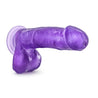 Translucent purple realistic dildo. Realistic head. Subtle veins along the straight but flexible shaft. Realistic balls. Suction cup base. Additional images show alternate angles.