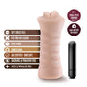Vanilla skin tone stroker with a mouth shaped opening. Features gentle grooves on the outside for a secure grip. Ribbed internal canal for added stimulation. Includes a removable cordless vibrating bullet. Additional images show alternate angles.