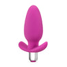 A rounded and bulbous pink butt plug with a slim neck and a thin flared base for safety and comfort. Features an opening at the base that fits the included small silver vibrating bullet. A single button on the bottom of the vibrator controls intensity. Additional images show alternate angles.