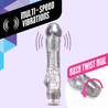 Clear vibrator. Petite size, curved for g-spot stimulation, variable intensities controlled by twist dial. Additional images show alternate angles.