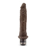 Realistic chocolate skin tone vibrating dildo with tapered head with skin folds just below the head and many veins along the straight long shaft. Twist dial on bottom to adjust intensity. Additional images show alternate angles.