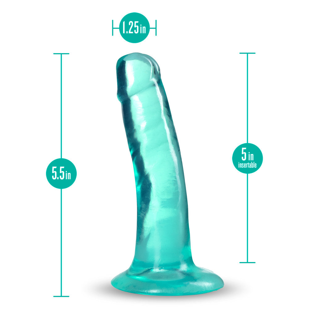 Shows clear teal dildo without balls and a suction cup standing. Alternate photos show other angles. 