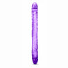 Translucent purple long, straight double dildo with a realistic head on either end and subtle veins throughout the entire length.  Additional images show alternate angles.
