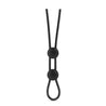 Black, lasso style, thin, rounded ring with two button slides for easy adjustment. The two buttons create two loops that go around the shaft and balls in a number of different configurations. Loose ends can be moved around for comfort. Additional images show alternate angles.