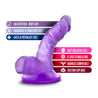 Translucent purple realistic petite dildo. Featuring a small head, veins along the upwardly curved shaft, and realistic balls. Suction cup base. Additional images show alternate angles.