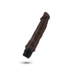 Chocolate skin tone vibrating dildo with curved head with veins along the slightly curved shaft. Twist dial on bottom to adjust intensity. Additional images show alternate angles.