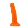 Neon orange realistic dildo with a petite head, veins along the slightly upwardly curved shaft, and a suction cup base. Additional images show alternate angles.