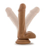 Mocha skin tone realistic dildo. With a rounded head, subtle veins along the straight but flexible shaft, and realistic balls. Suction cup base. Additional images show alternate angles.