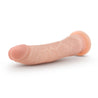 Vanilla skin tone dildo with a slim tapered realistic head for easy insertion and subtle veins along the slightly upwardly curved shaft. Suction cup base. Additional images show alternate angles.