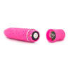 Pink vibrator with slim and straight design with tapered tip. Subtle raised floral design for added texture. Push button on bottom to adjust intensity. Additional images show alternate angles.