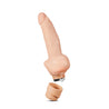 Vanilla skin tone vibrating dildo with ultra realistic shape. Thin shaft and thick bottom and a subtly defined tapered head and veins along the shaft. Thick bottom serves as flared base, making this toy safe for anal use. Twist dial on bottom to adjust intensity. Additional images show alternate angles.