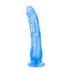 Translucent blue dildo with a slim tapered realistic head for easy insertion and subtle veins along the slightly upwardly curved shaft. Suction cup base. Additional images show alternate angles.