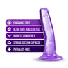 Shows clear purple dildo without balls and a suction cup standing. Alternate photos show other angles. 