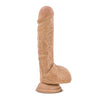 Mocha skin tone realistic dildo. Small rounded head. Many veins and skin folds along the straight but flexible shaft. Round realistic balls with lots of skin detail. Suction cup base. Additional images show alternate angles.