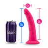 Hot pink realistic silicone dildo. Featuring a small tapered, veins along the thin, upwardly curved shaft, and a suction cup base. Additional images show alternate angles.