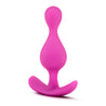 Pink butt plug, featuring a rounded but tapered tip that gets slimmer in the middle and leads to a second curve closer to the bottom. A slim neck and thin flared base for safe and comfortable wear. Additional images show alternate angles.