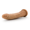 Mocha skin tone realistic dildo with a tapered head for easy insertion. Features subtle veins along the upwardly curved shaft. Suction cup base. Additional images show alternate angles.