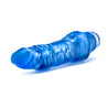 Translucent blue vibrating dildo has a realistic shape, with a defined but tapered head and veins along the shaft. Twist dial on bottom to adjust intensity. Additional images show alternate angles.