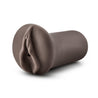 Chocolate skin tone, realistic, open ended stroker. Rounded end with vulva shape and vaginal opening. Ribbed internal canal. Cylinder shaped body features finger grooves for secure grip. Additional images show alternate angles.
