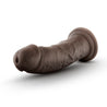 Chocolate skin tone ultra realistic dildo. Featuring a slightly textured round head, veins and texture along the thick, upwardly curved shaft, and a suction cup base. Additional images show alternate angles.