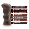 Chocolate skin tone, open-ended stroker, palm-sized, featuring small butt cheeks and an anal opening. Ribbed internal canal. Cylinder shaped body features finger grooves for secure grip. Additional images show alternate angles.