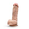 Vanilla skin tone ultra realistic dildo. Featuring a round head with a pronounced lip, many pronounced veins along the straight shaft, and realistic balls. Suction cup base. Additional images show alternate angles.