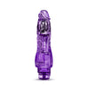 Translucent purple vibrating dildo has a realistic shape with a defined head and veins along the shaft. Silver bullet motor just below the head. Twist dial on bottom to adjust intensity. Additional images show alternate angles.