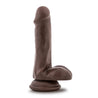 Chocolate skin tone realistic dildo. With a rounded head, subtle veins along the straight but flexible shaft, and realistic balls. Suction cup base. Additional images show alternate angles.