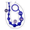 Set of ten indigo anal beads that start off very small and become progressively larger. Beads are connected to each other by flexible silicone. These beads have a ring at the base for safety and easy removal. Additional images show alternate angles.