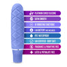 Compact periwinkle vibrator. Slim and straight design with tapered tip. Engraved large diamond pattern for subtle texture. Push button on bottom to adjust intensity. Additional images show alternate angles.