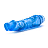 Translucent blue vibrating dildo. Pronounced curved head and subtle veins along the shaft. Twist dial on bottom to adjust intensity. Additional images show alternate angles.