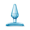 Translucent blue butt plug with a tapered tip, slim neck, and flared base. Additional images show alternate angles.